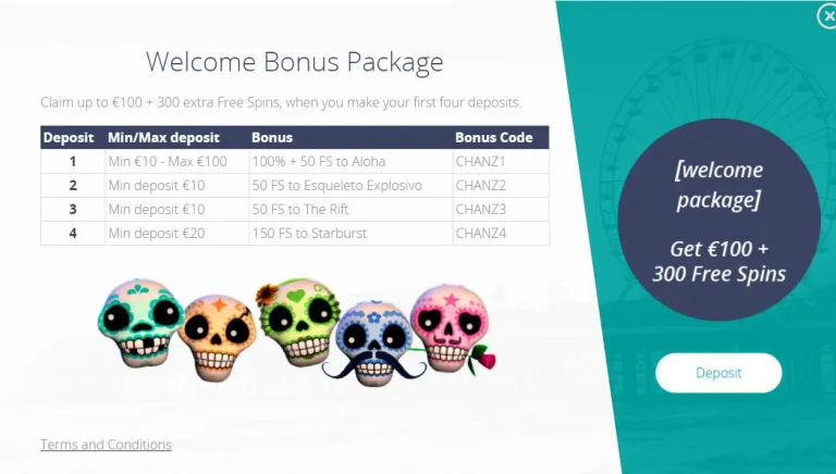 CHANZ Welcome bonuses re on photo.